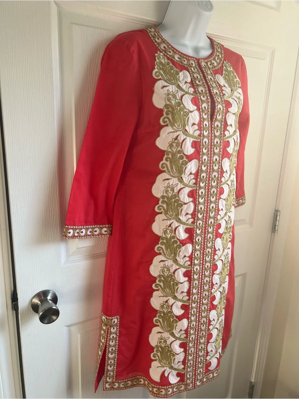 Tory Burch Coral Tunic Dress with Gold & White Embroidery